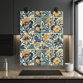 mediterranean folk art kitchen towel — cobalt & honey tile cotton tea towel