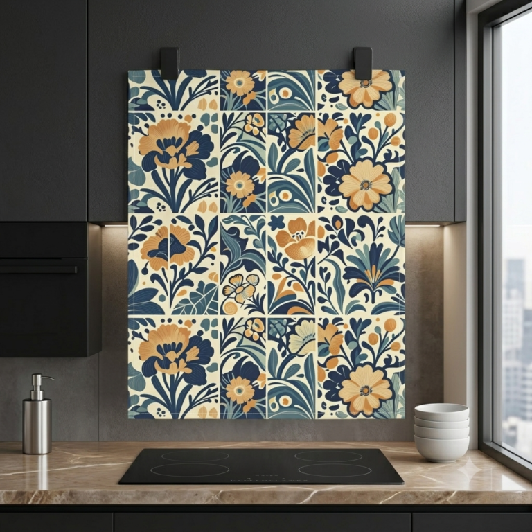 Mediterranean Folk Art Kitchen Towel — Cobalt & Honey Tile Cotton Tea Towel