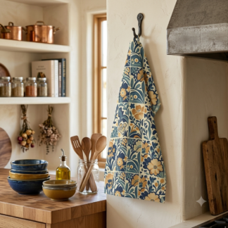 Mediterranean Folk Art Kitchen Towel — Cobalt & Honey Tile Cotton Tea Towel