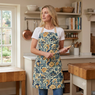 Cobalt & Honey Tile Artisan Apron – Mediterranean Folk Art Cooking Apron