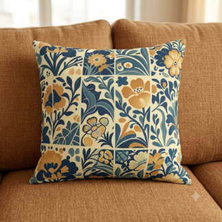 faux suede botanical folk art accent throw pillow – cobalt & honey tile cushion for sofa & bed