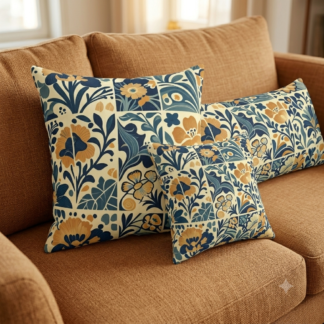 Faux Suede Botanical Folk Art Accent Throw Pillow - Cobalt & Honey Tile Cushion for Sofa & Bed