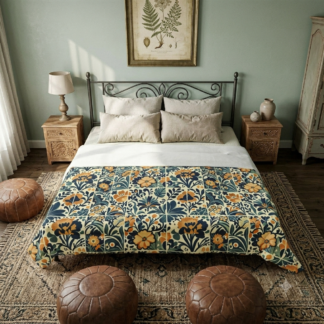 Modern Folklore Art Performance Premium Cotton Comforter - Cobalt & Honey Tile Print Bedspread