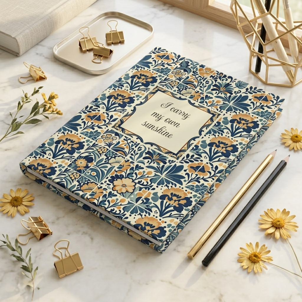 Matte Hardcover Diary with Quote "I Carry My Own Sunshine" — Cobalt & Honey Botanical Tile Notebook