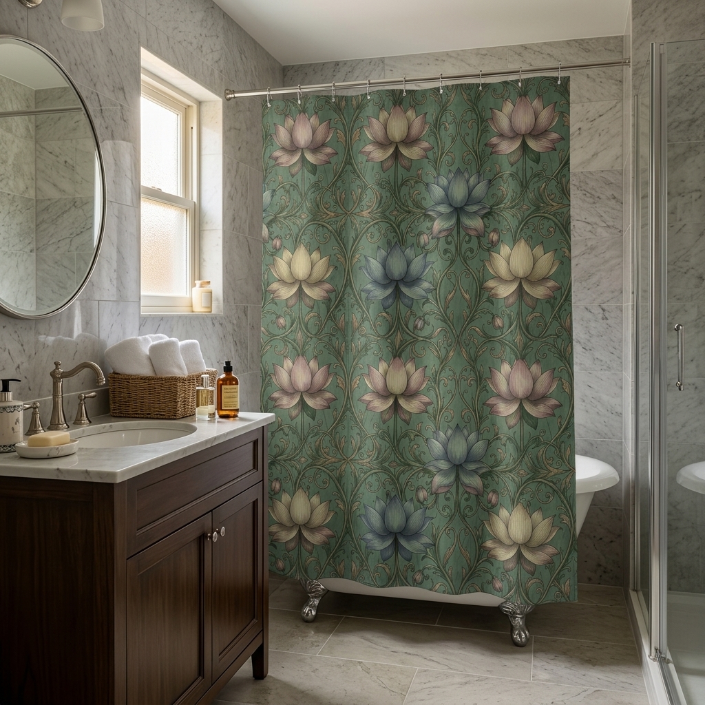 The Empress Lotus Floral Shower Curtain — Art Nouveau Botanical Bathroom Decor