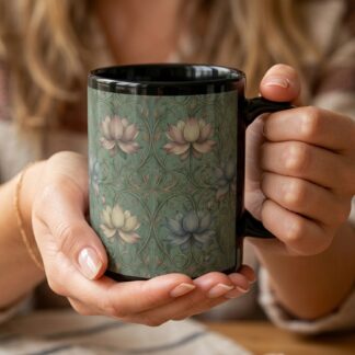 Vintage Botanical Art Nouveau Coffee Cup – The Empress Lotus Black Ceramic Mug