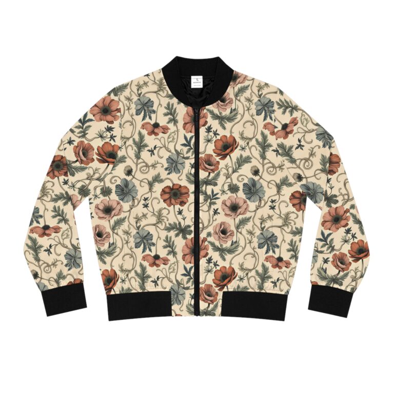 Vintage Floral Botanical Bomber Jacket — Women’s All-Over Print Earthy Anemone Zip-Up Outerwear