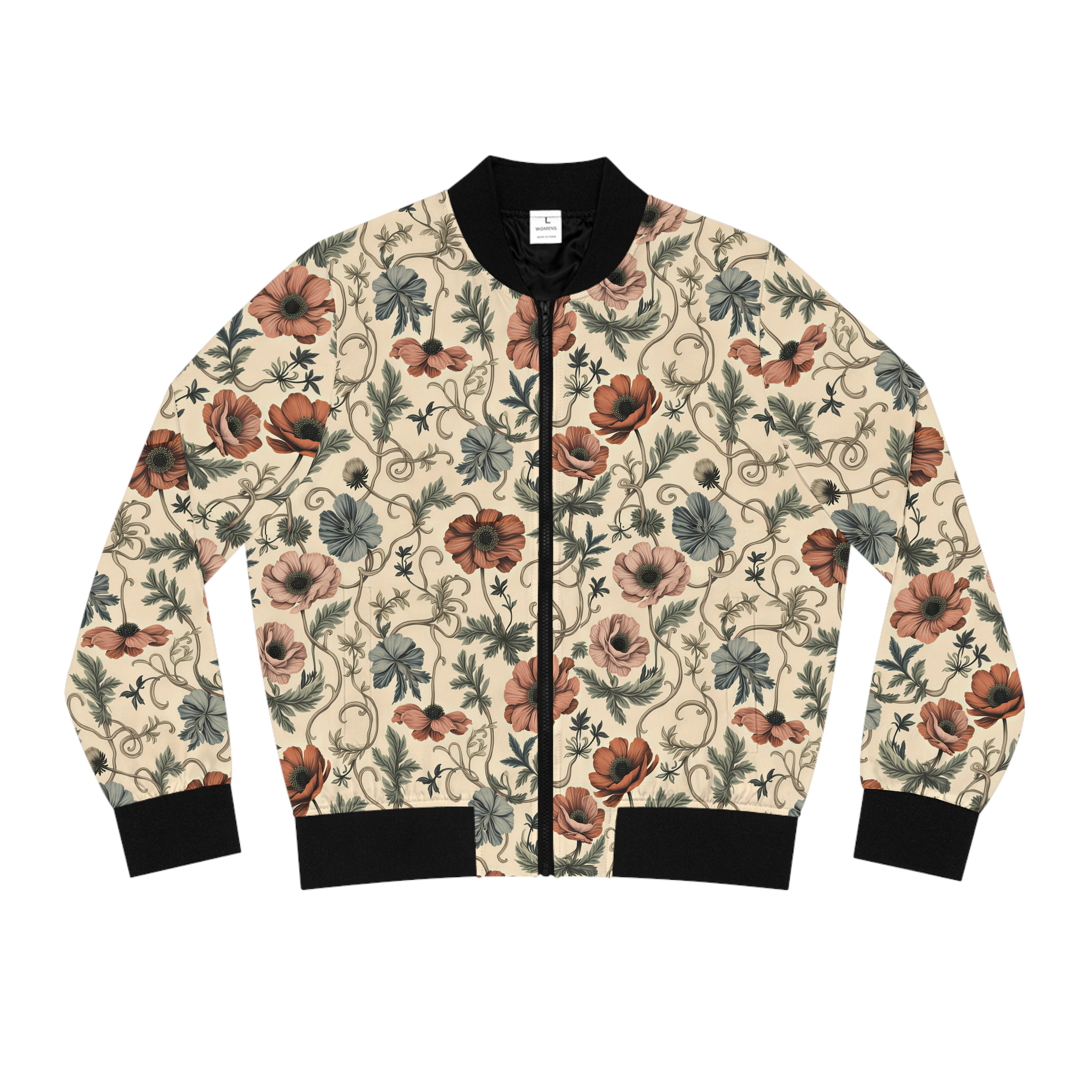 Vintage Floral Botanical Bomber Jacket — Women's All-Over Print Earthy Anemone Zip-Up Outerwear - Image 2