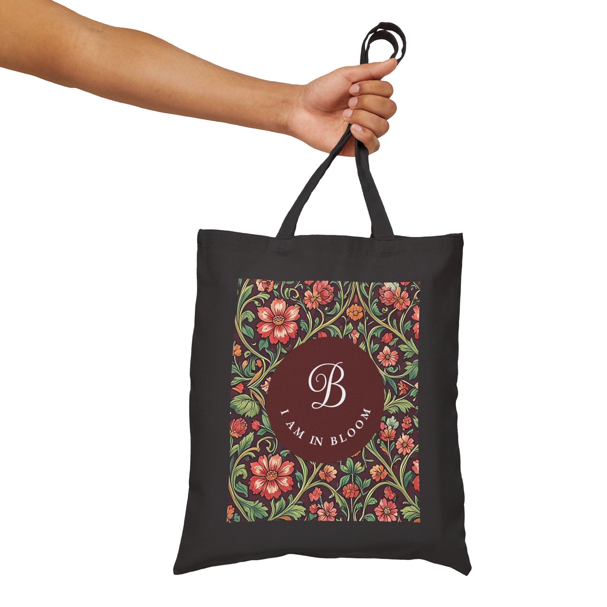 Personalized Monogram Floral Tote – Black Cotton Canvas Espresso Flora Botanical Bag - Image 7