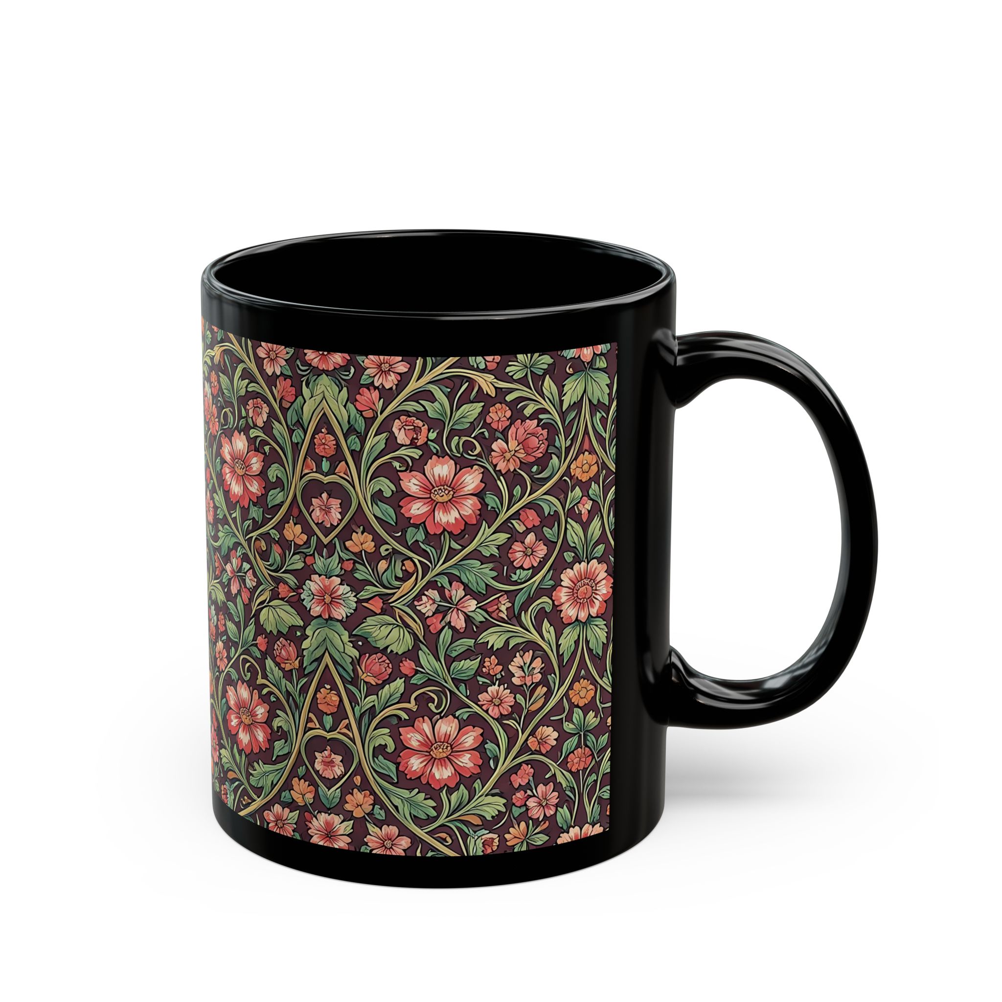 Victorian Botanical Espresso Flora Black Mug – Rich Arts & Crafts Tapestry Coffee Cup - Image 3