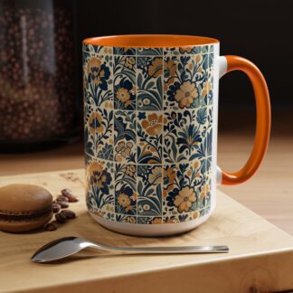 Cobalt & Honey Tile Ceramic Mug – Folk Art Accent Mug in Orange, Light Blue & Dark Blue