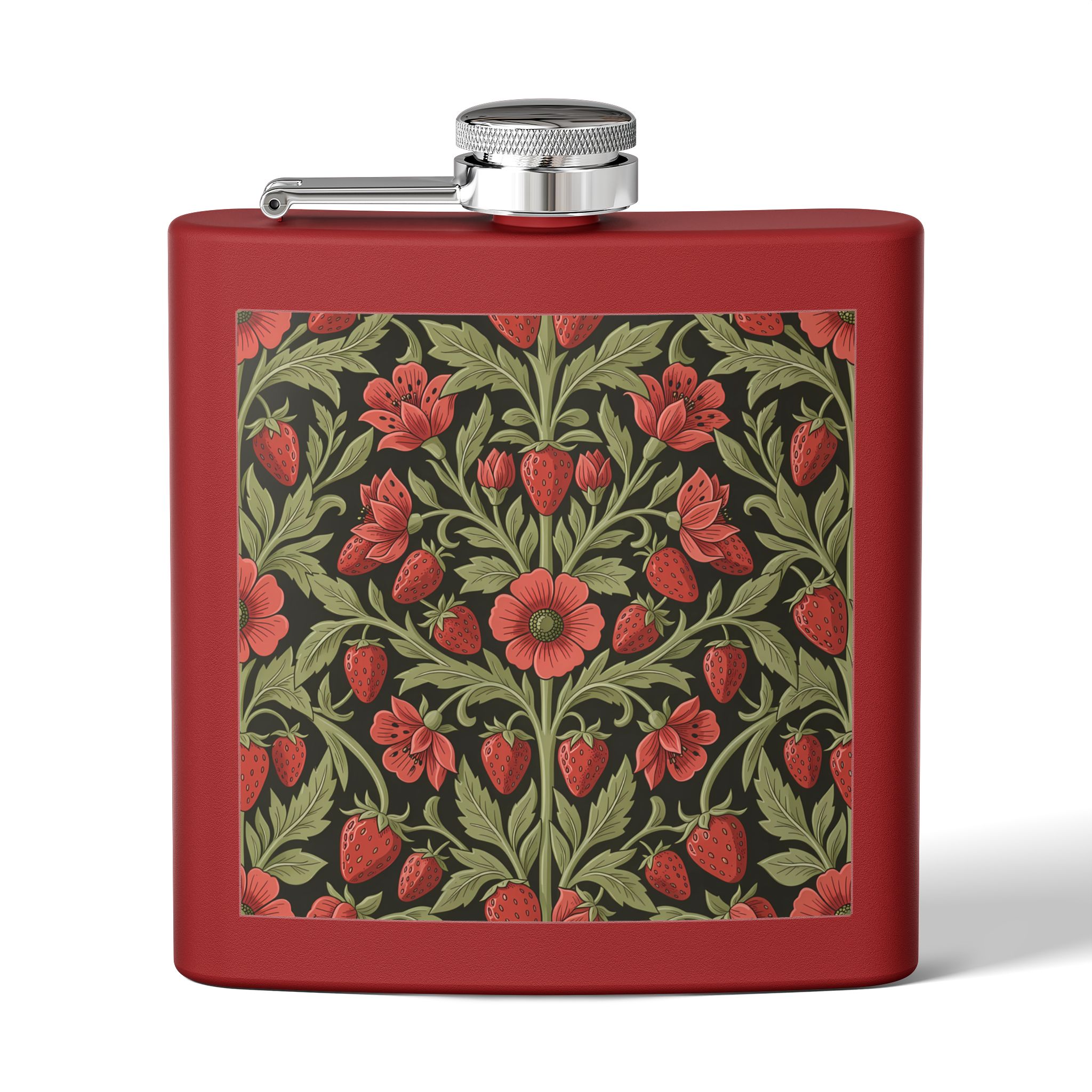 Vintage Floral Strawberry Pattern Flask — Matte Red Wild Strawberry & Sage Stainless Steel Pocket Flask 6oz - Image 3