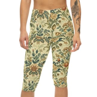 floral vintage golden afternoon high-waisted capri leggings – vintage arts & crafts floral pattern activewear