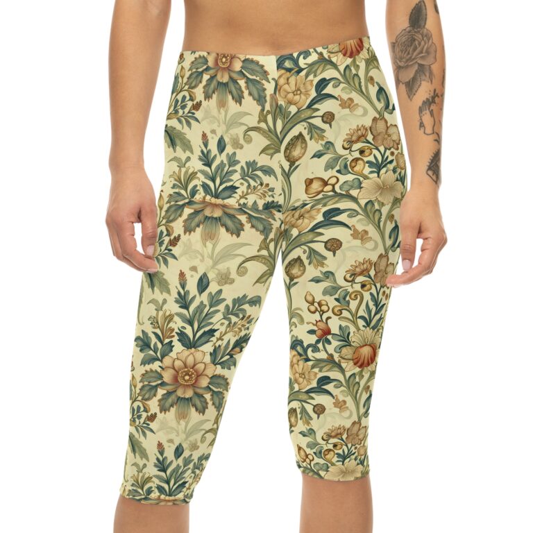 Floral Vintage Golden Afternoon High-Waisted Capri Leggings – Vintage Arts & Crafts Floral Pattern Activewear