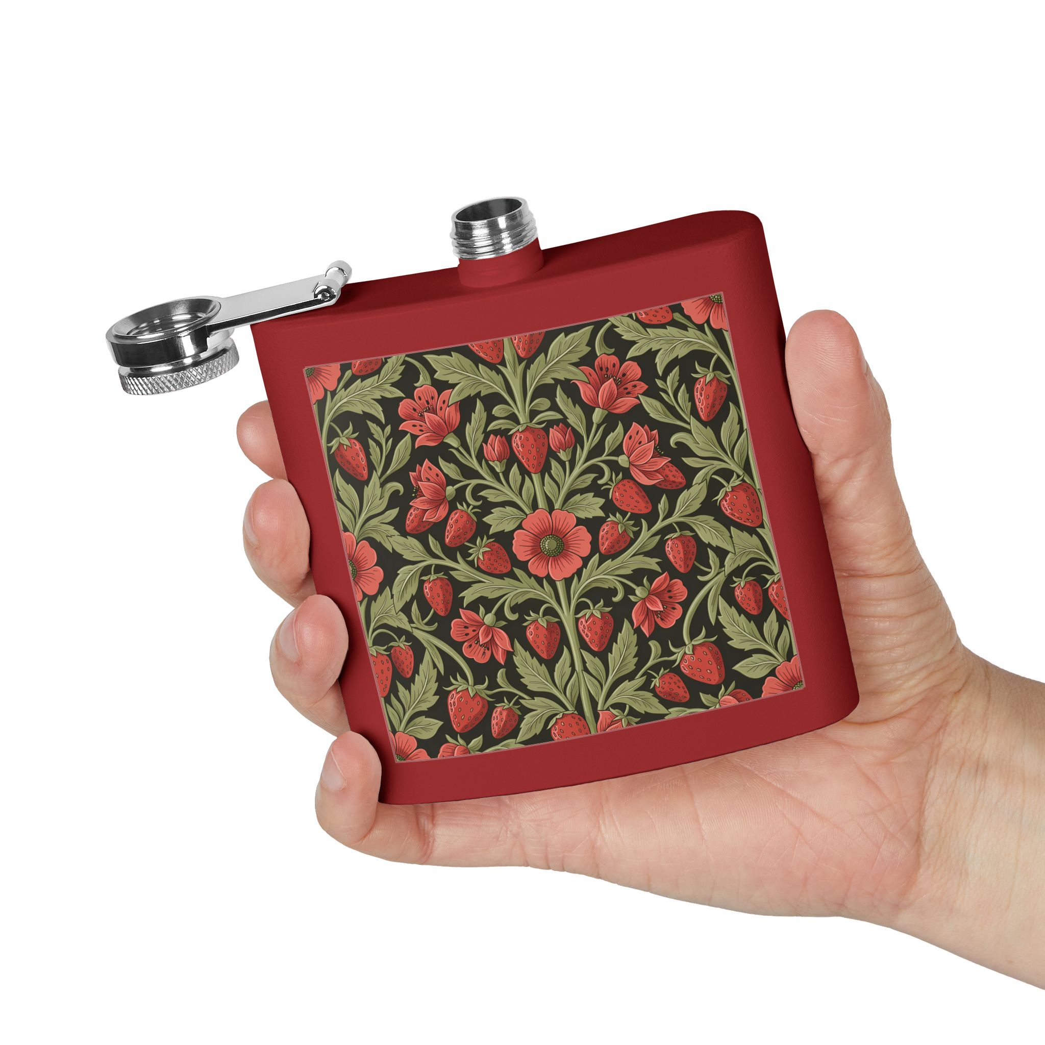Vintage Floral Strawberry Pattern Flask — Matte Red Wild Strawberry & Sage Stainless Steel Pocket Flask 6oz - Image 6