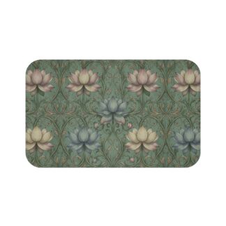 The Empress Lotus Bath Mat Lotus Scroll Bath Mat — Vintage Botanical Green Non-Slip Washable Bathroom Rug