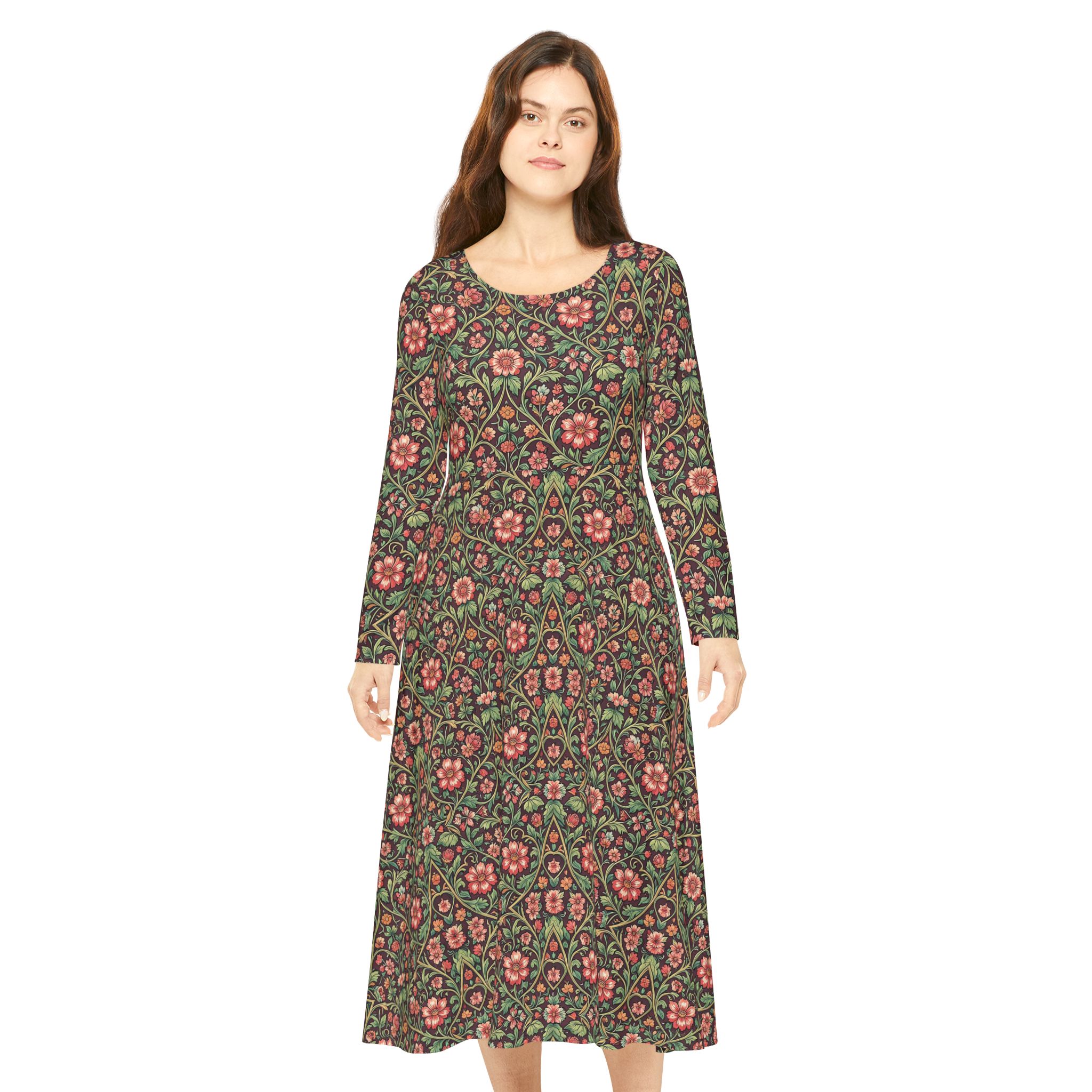 Espresso Flora A-Line Long-Sleeve Dress – Vintage Botanical Midi Dress - Image 7