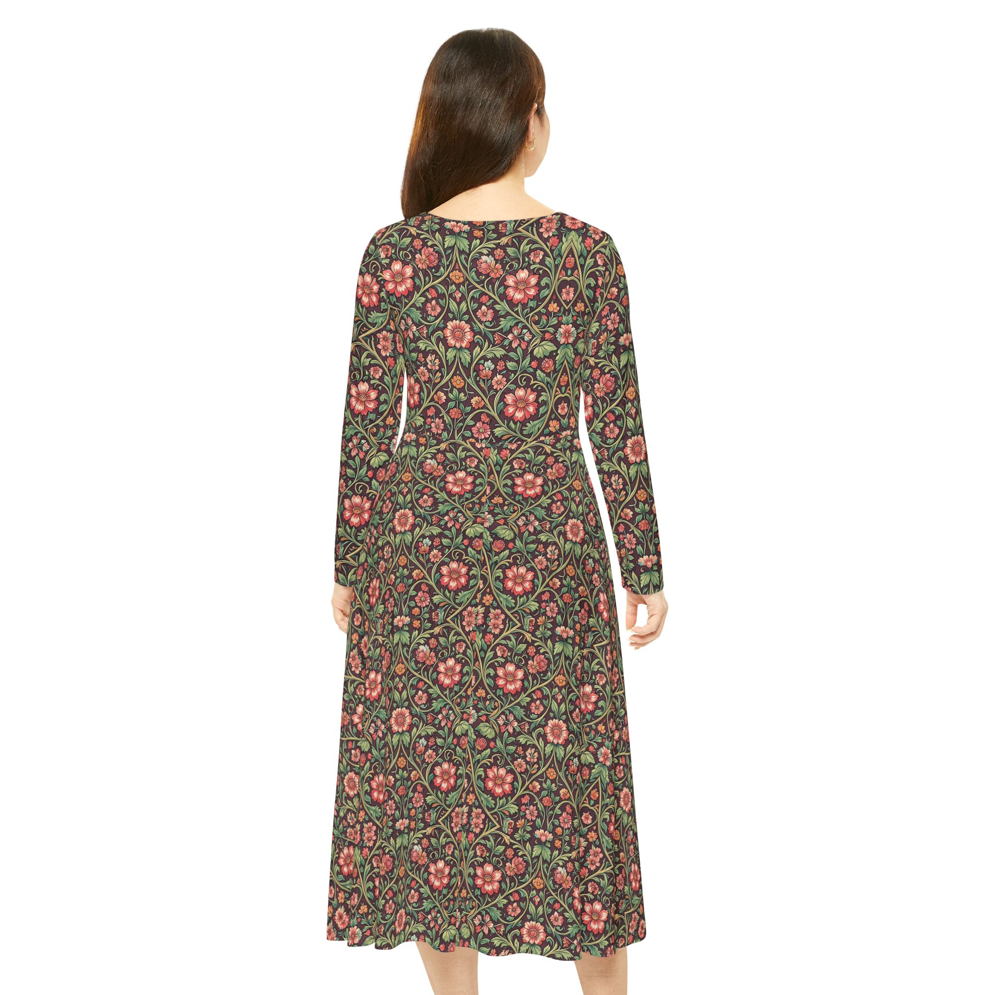 Espresso Flora A-Line Long-Sleeve Dress – Vintage Botanical Midi Dress - Image 6