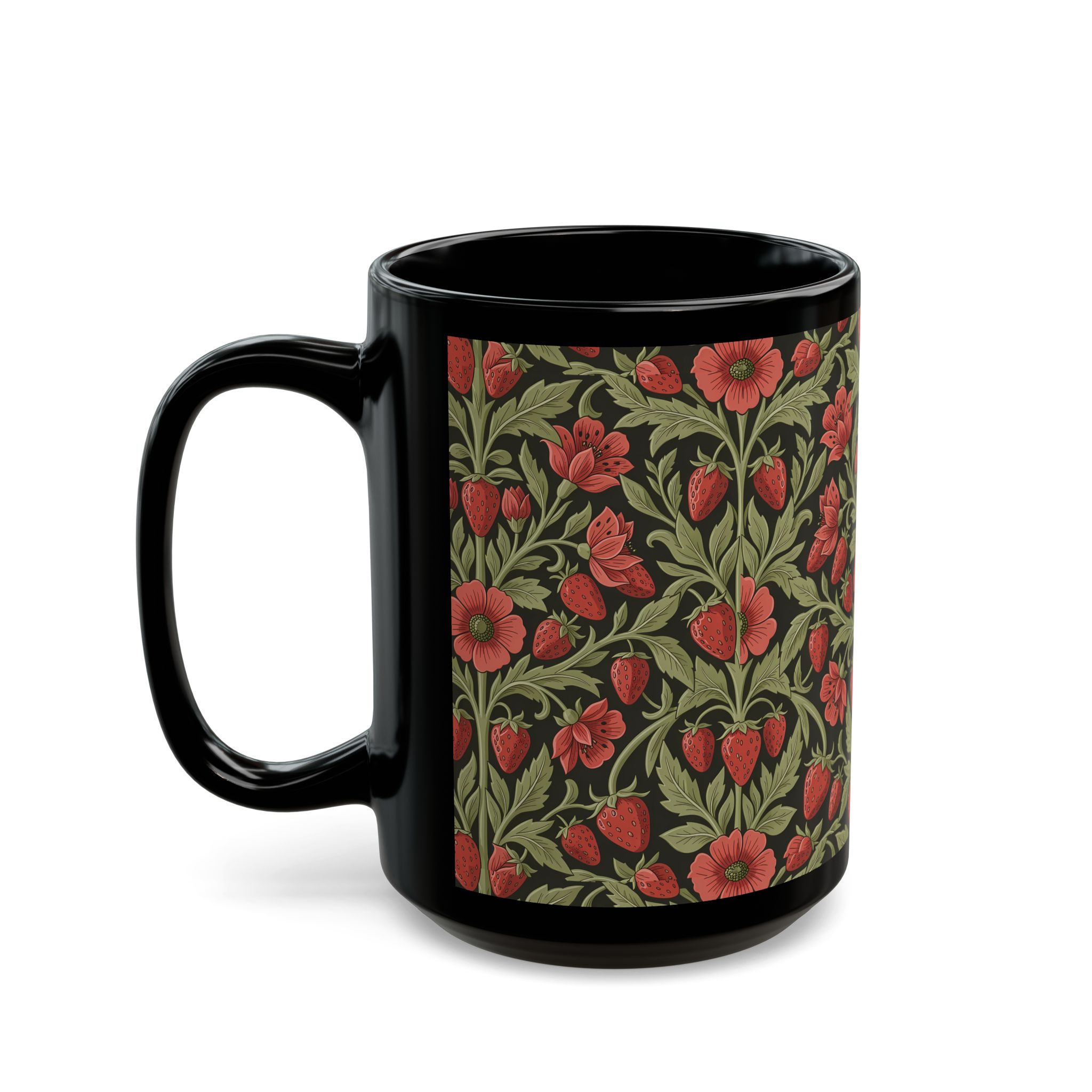 Floral Monogram Black Mug — Personalized Wild Strawberry & Sage Pattern Ceramic Mug (11oz, 15oz) - Image 9