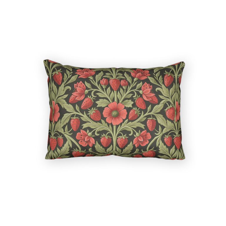 Vintage Cotton Pillow Sham — Arts & Crafts Botanical Wild Strawberry and Sage Premium Cotton Cushion Cover