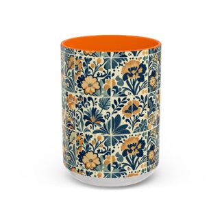 cobalt & honey tile ceramic mug – folk art accent mug in orange, light blue & dark blue