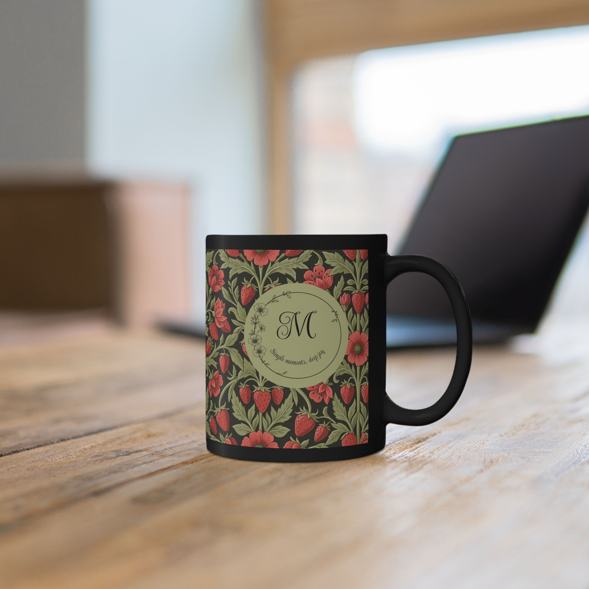 Floral Monogram Black Mug — Personalized Wild Strawberry & Sage Pattern Ceramic Mug (11oz, 15oz) - Image 6