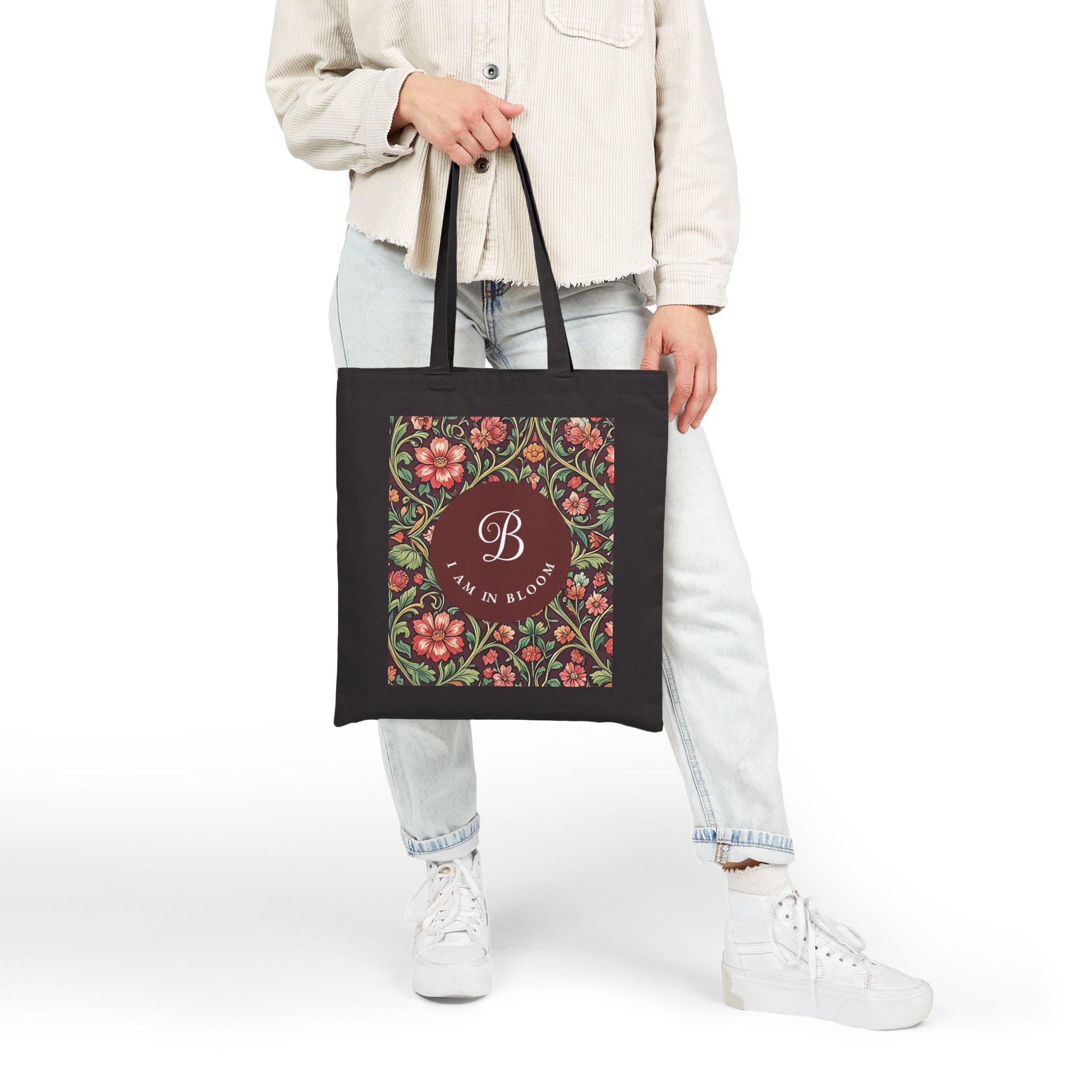 Personalized Monogram Floral Tote – Black Cotton Canvas Espresso Flora Botanical Bag - Image 10