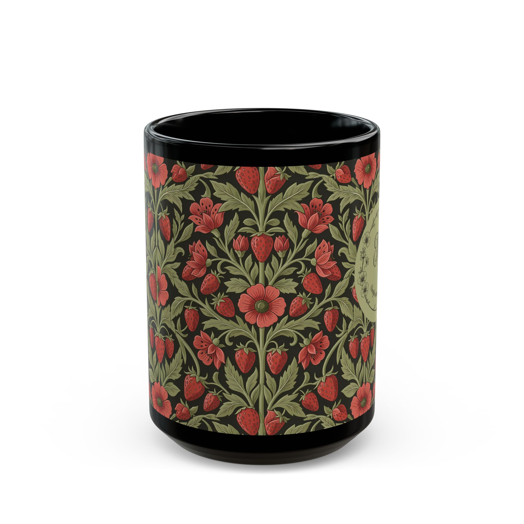 Floral Monogram Black Mug — Personalized Wild Strawberry & Sage Pattern Ceramic Mug (11oz, 15oz) - Image 8