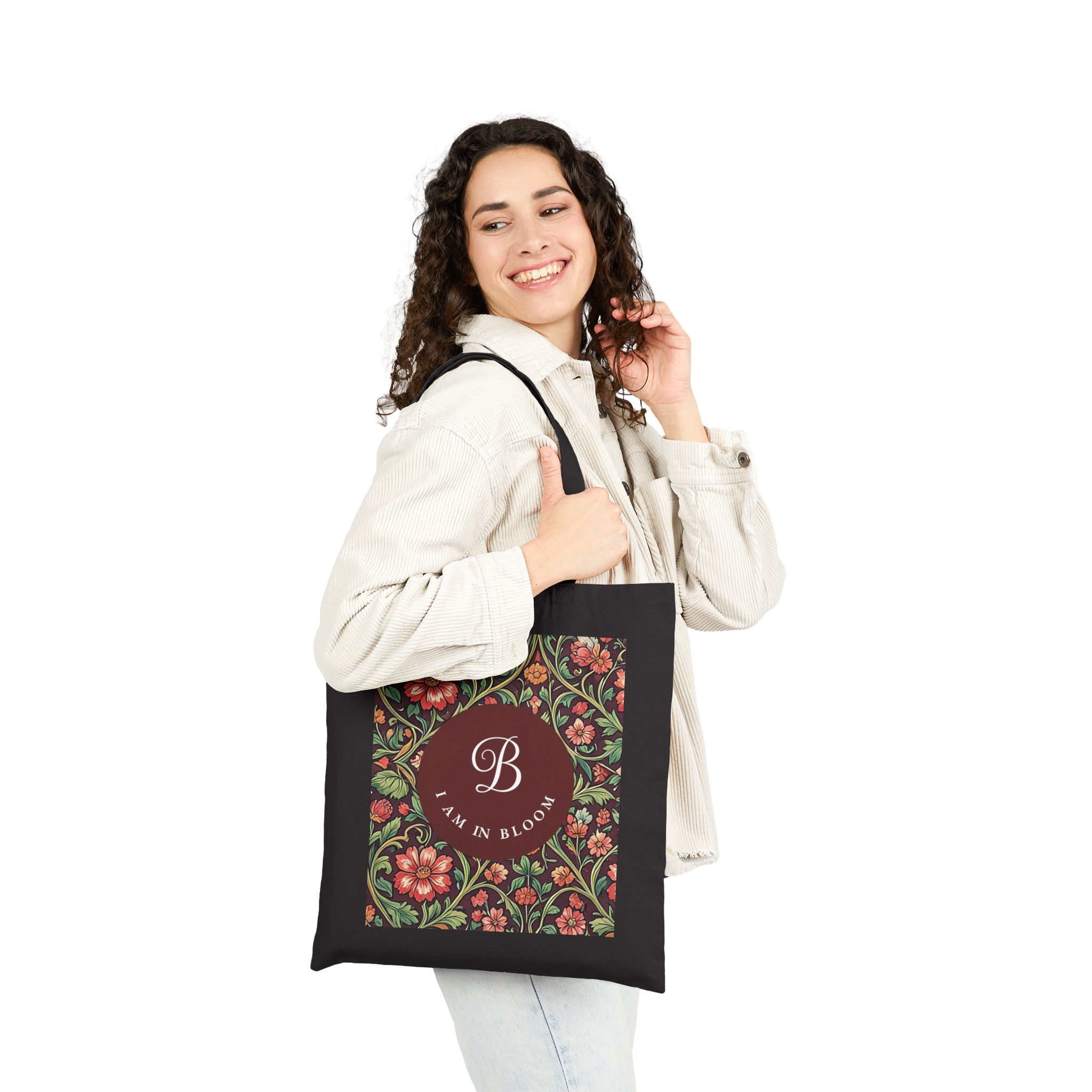 Personalized Monogram Floral Tote – Black Cotton Canvas Espresso Flora Botanical Bag - Image 9