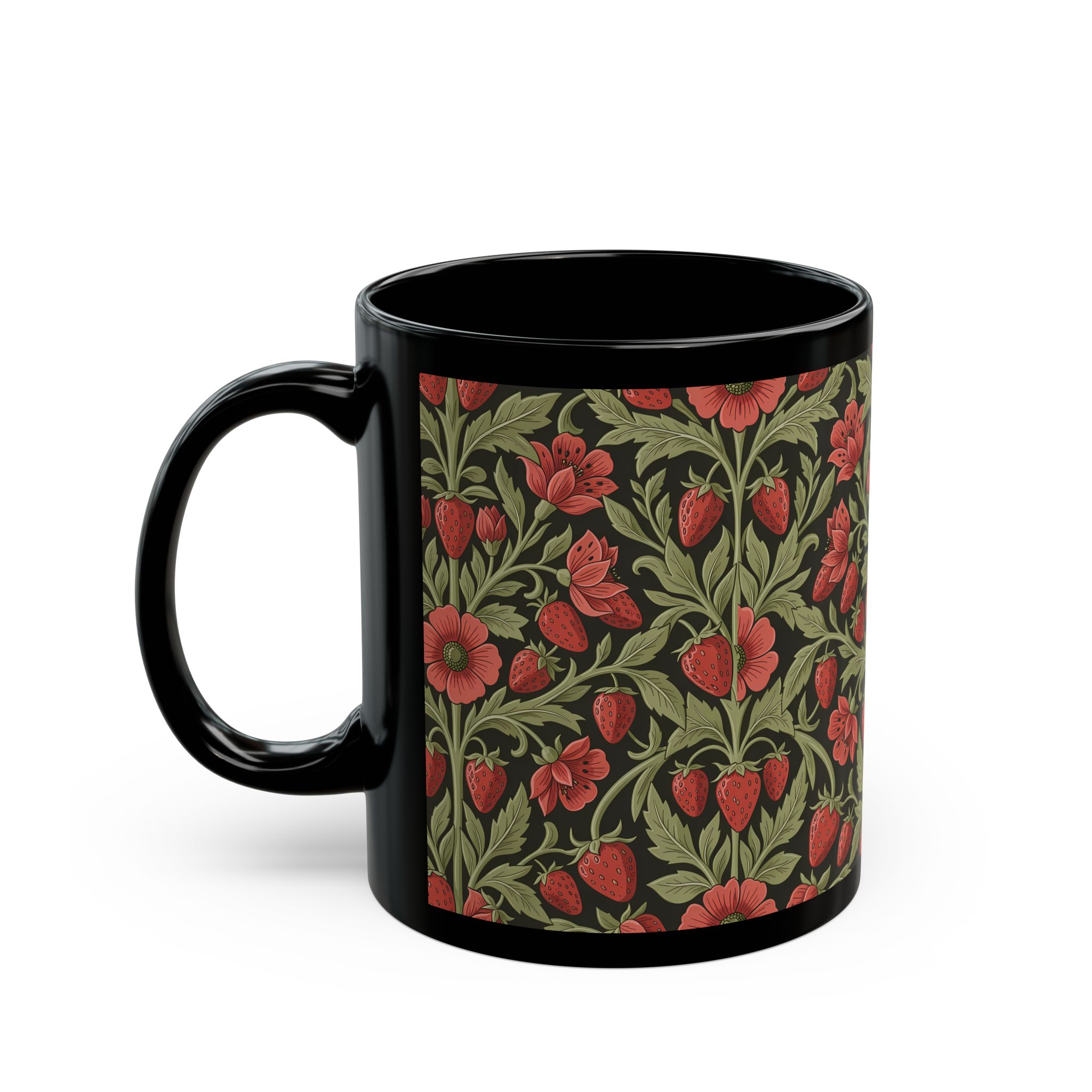 Floral Monogram Black Mug — Personalized Wild Strawberry & Sage Pattern Ceramic Mug (11oz, 15oz) - Image 4