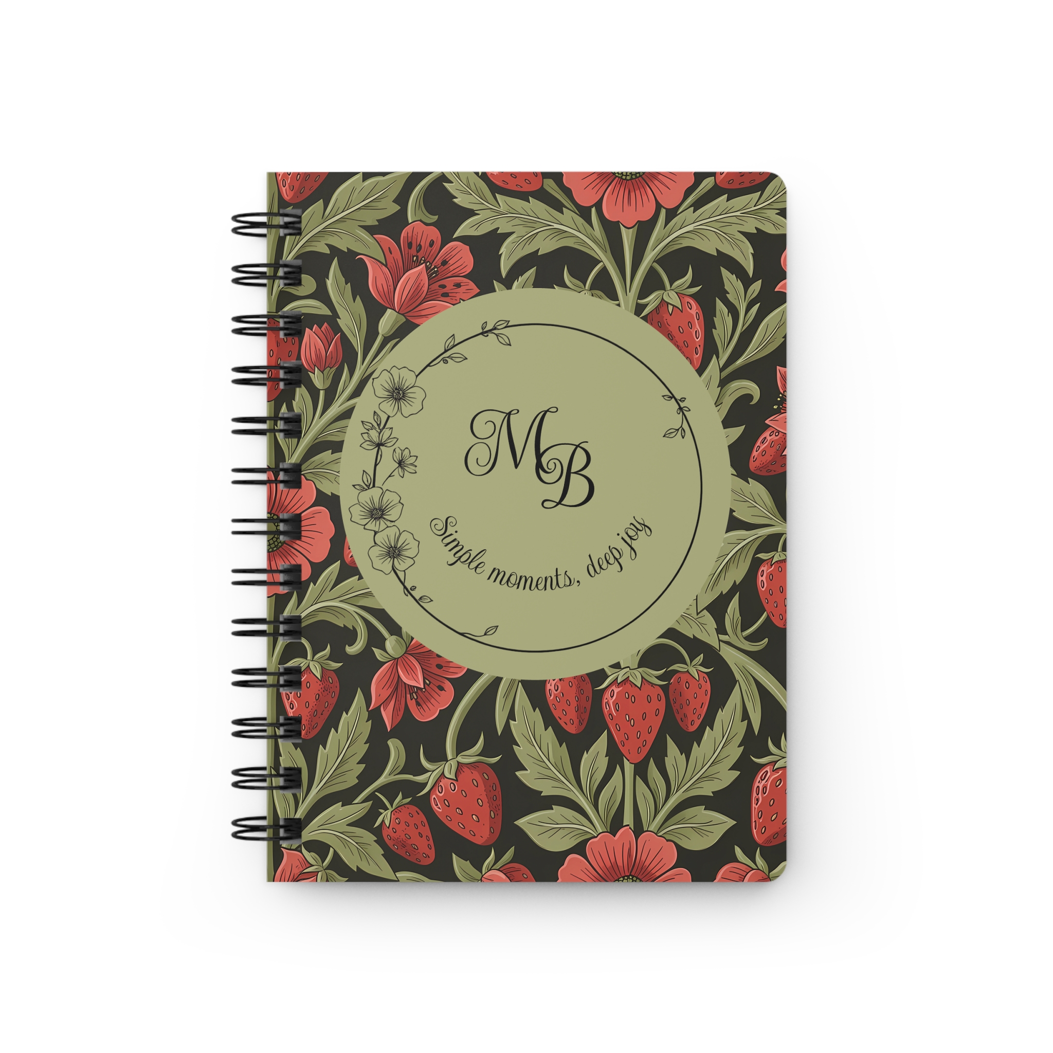 Strawberry Floral Spiral Journal — Personalized Monogram Wild Strawberry & Sage Wire-Bound Notebook - Image 2