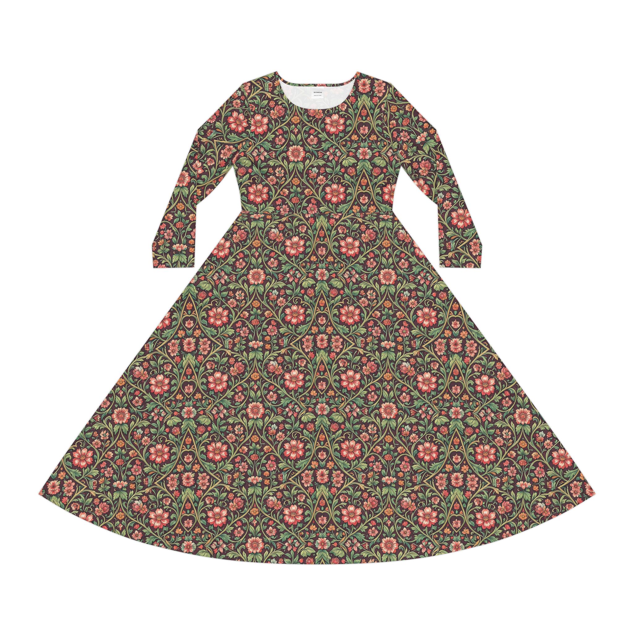 Espresso Flora A-Line Long-Sleeve Dress – Vintage Botanical Midi Dress - Image 3