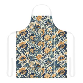 cobalt & honey tile artisan apron – mediterranean folk art cooking apron