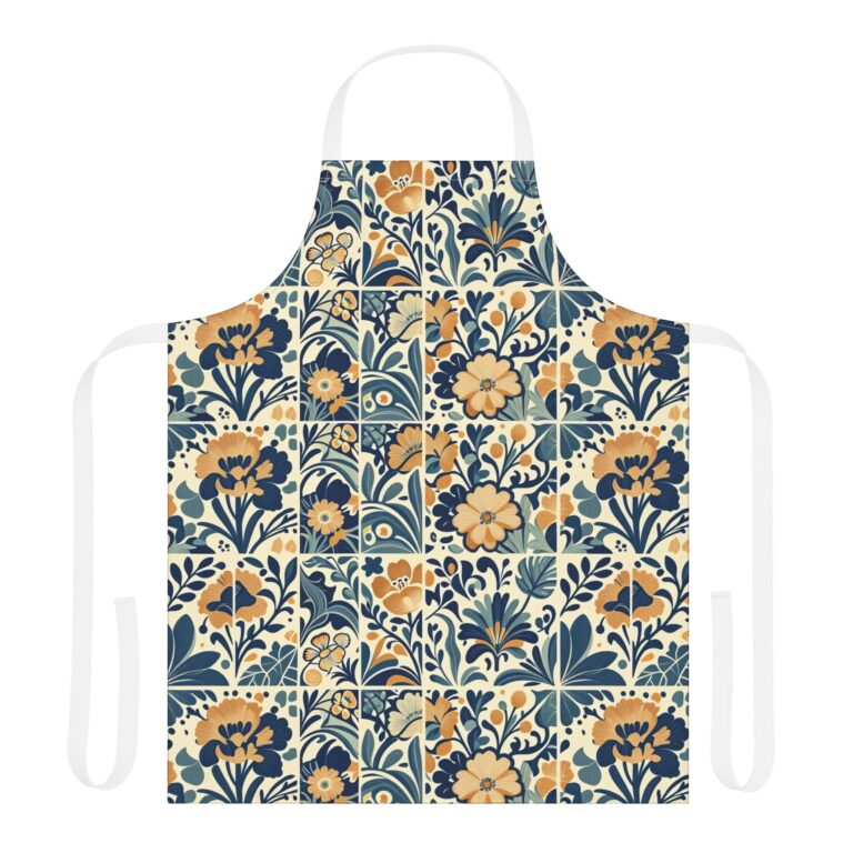 Cobalt & Honey Tile Artisan Apron – Mediterranean Folk Art Cooking Apron
