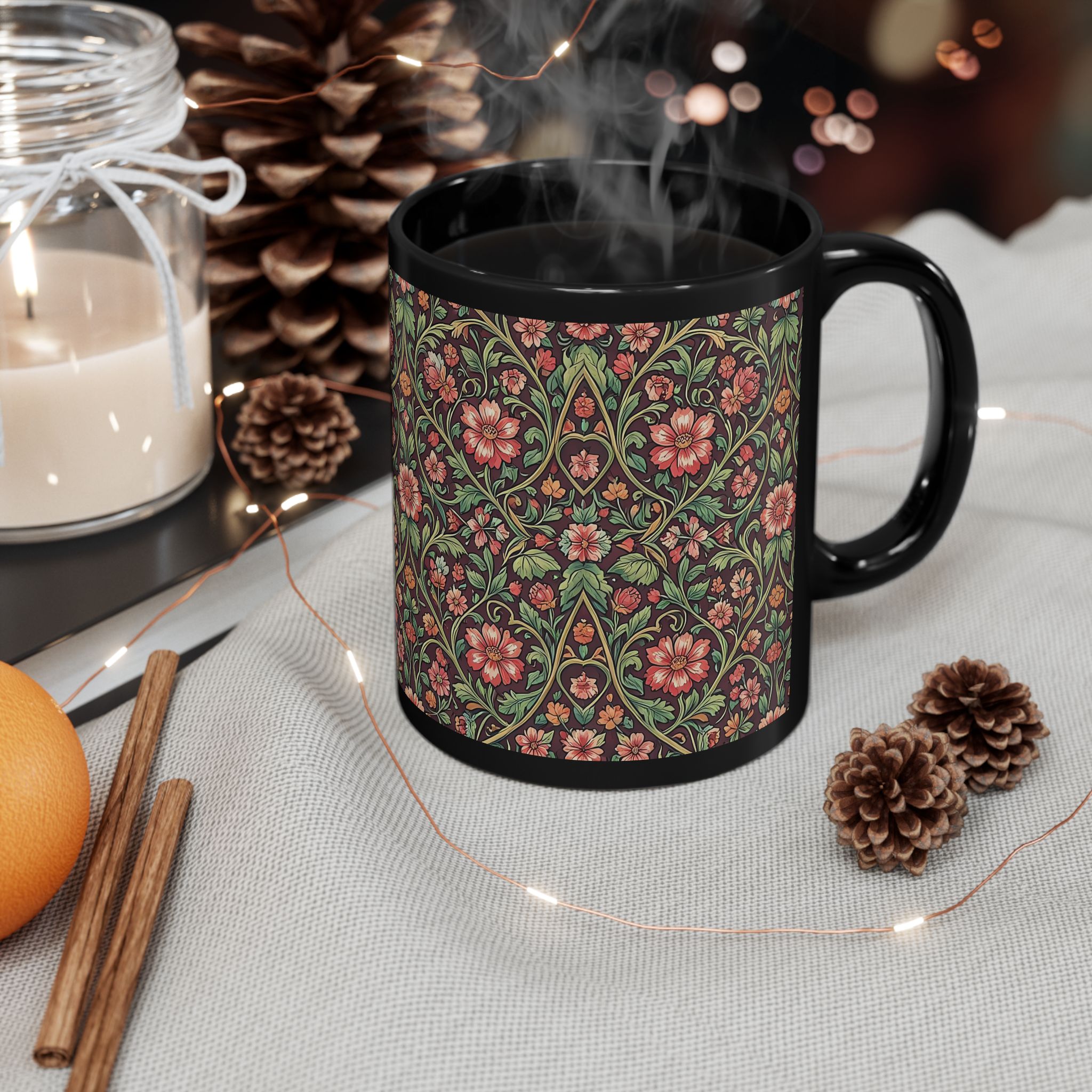 Victorian Botanical Espresso Flora Black Mug – Rich Arts & Crafts Tapestry Coffee Cup - Image 5
