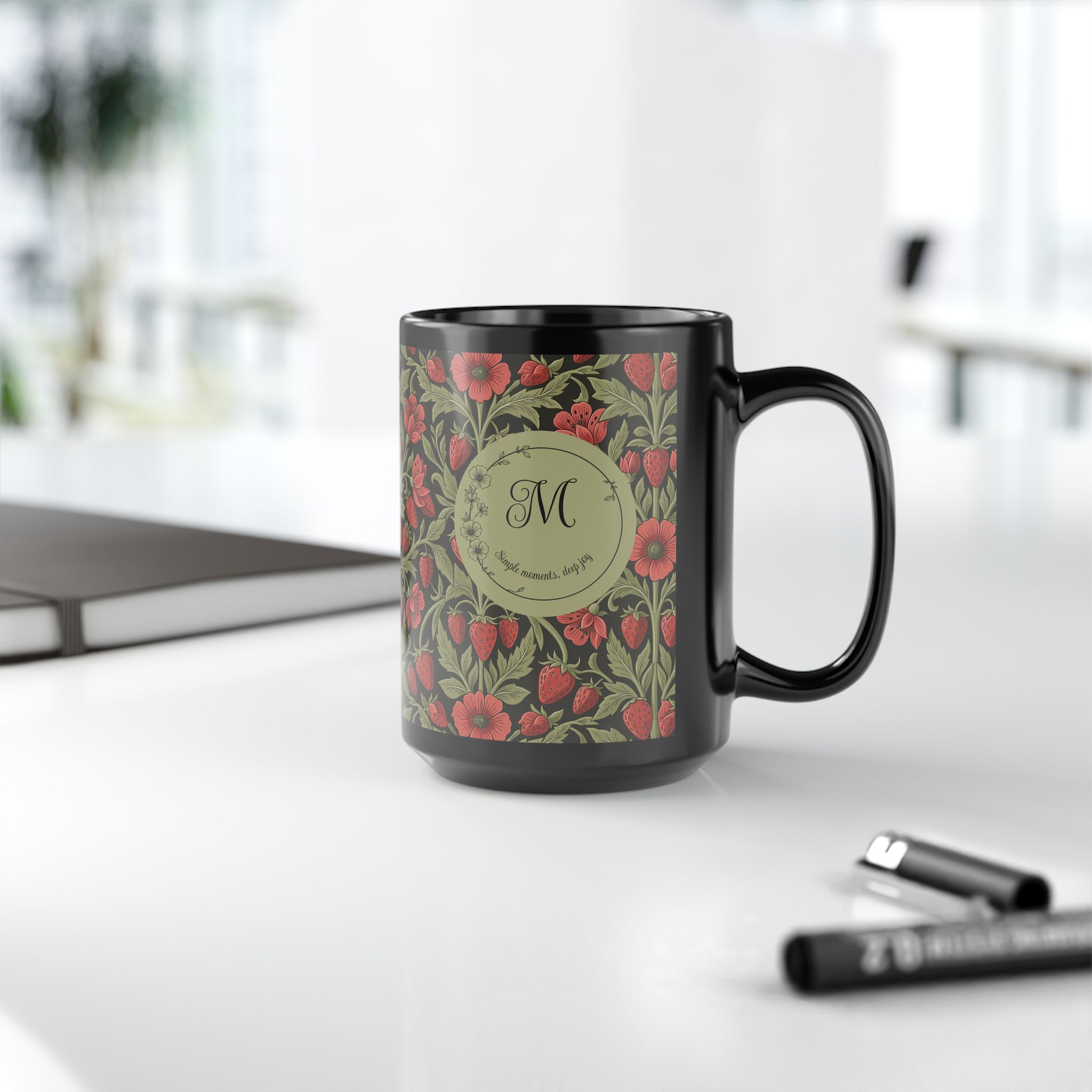 Floral Monogram Black Mug — Personalized Wild Strawberry & Sage Pattern Ceramic Mug (11oz, 15oz) - Image 10