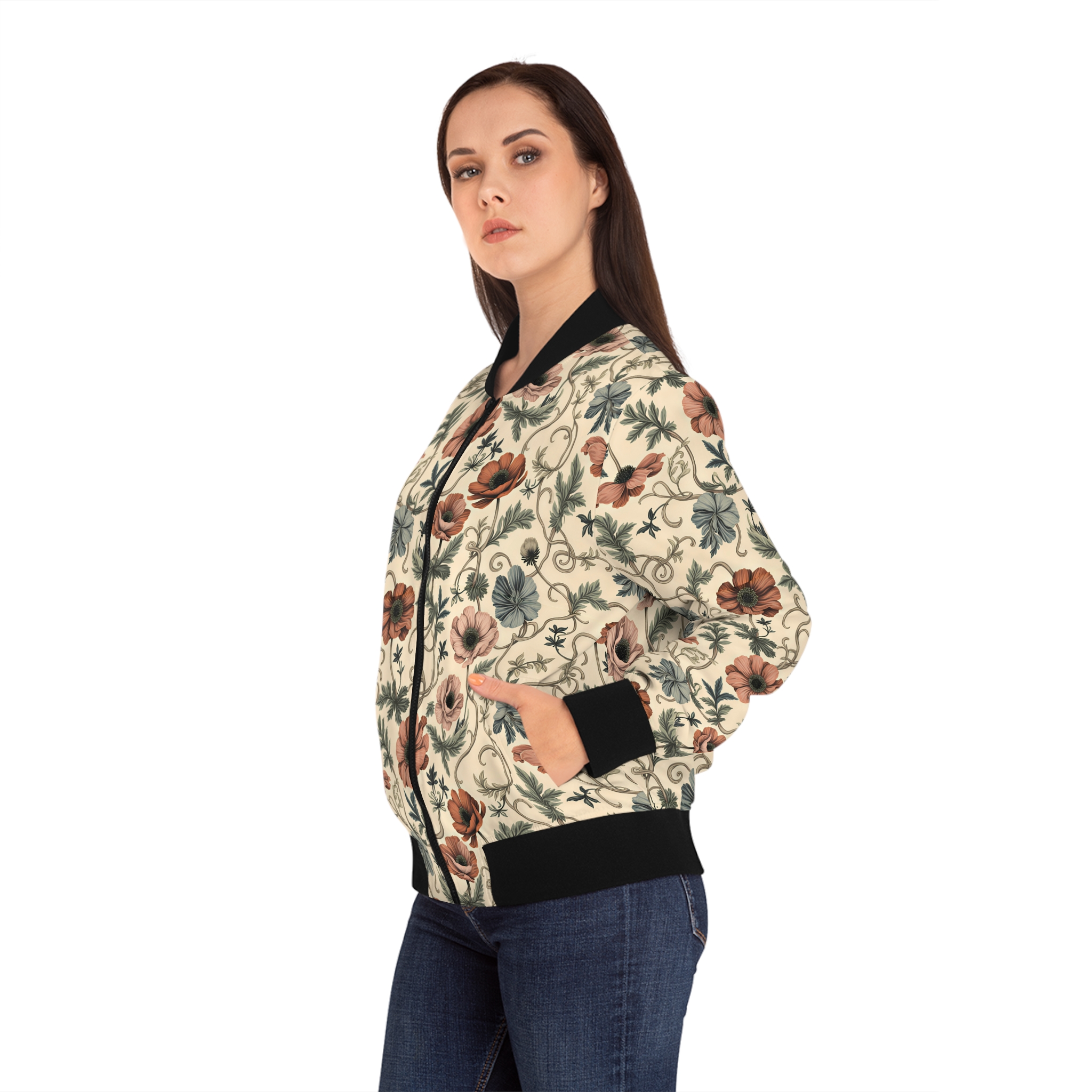 Vintage Floral Botanical Bomber Jacket — Women's All-Over Print Earthy Anemone Zip-Up Outerwear - Image 4