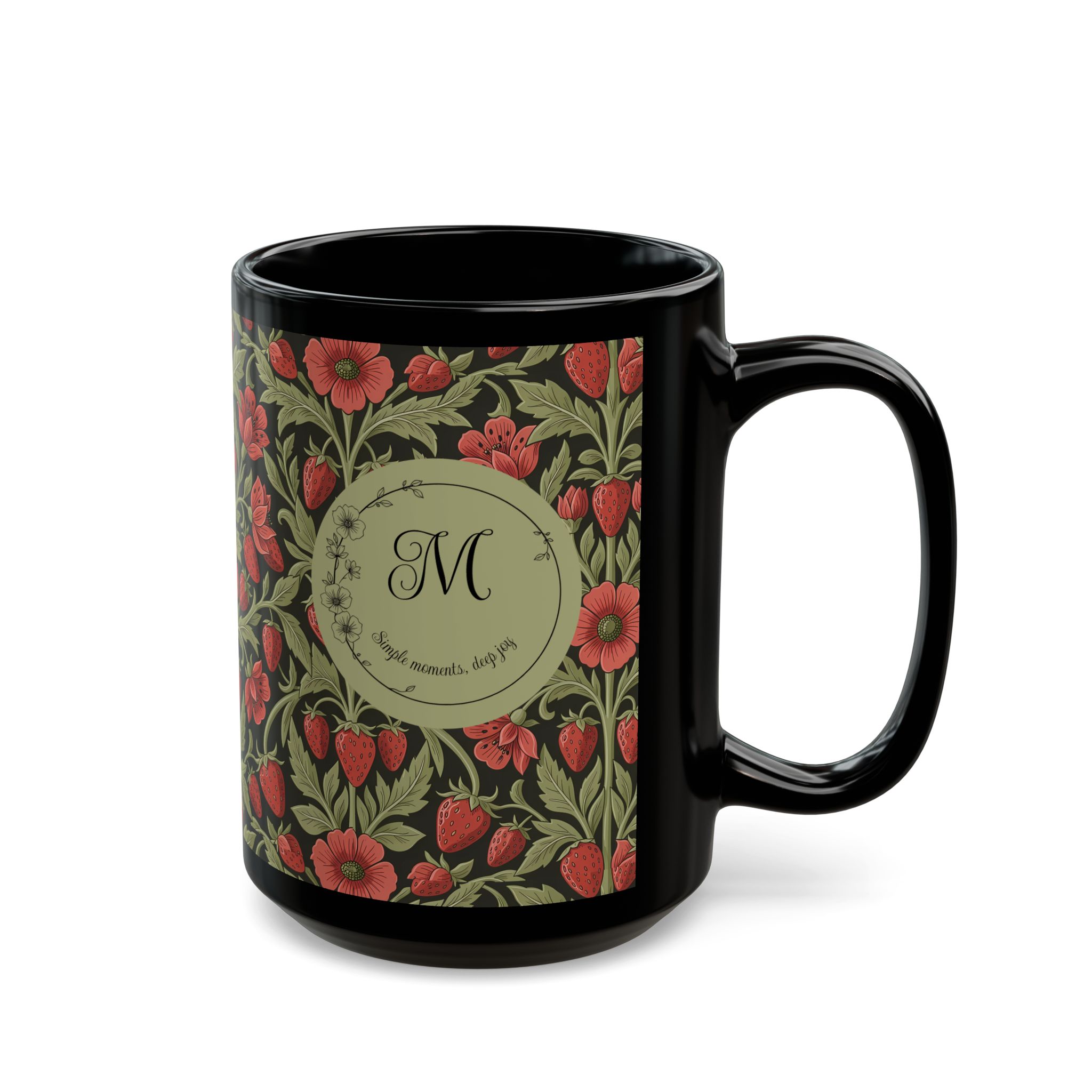 Floral Monogram Black Mug — Personalized Wild Strawberry & Sage Pattern Ceramic Mug (11oz, 15oz) - Image 7