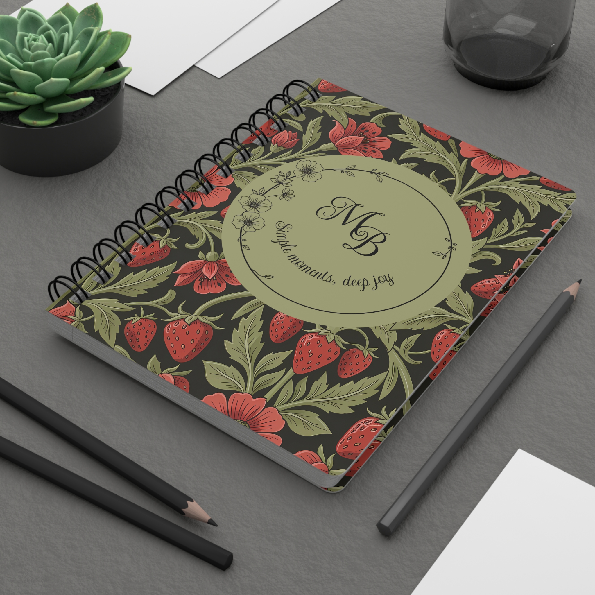 Strawberry Floral Spiral Journal — Personalized Monogram Wild Strawberry & Sage Wire-Bound Notebook