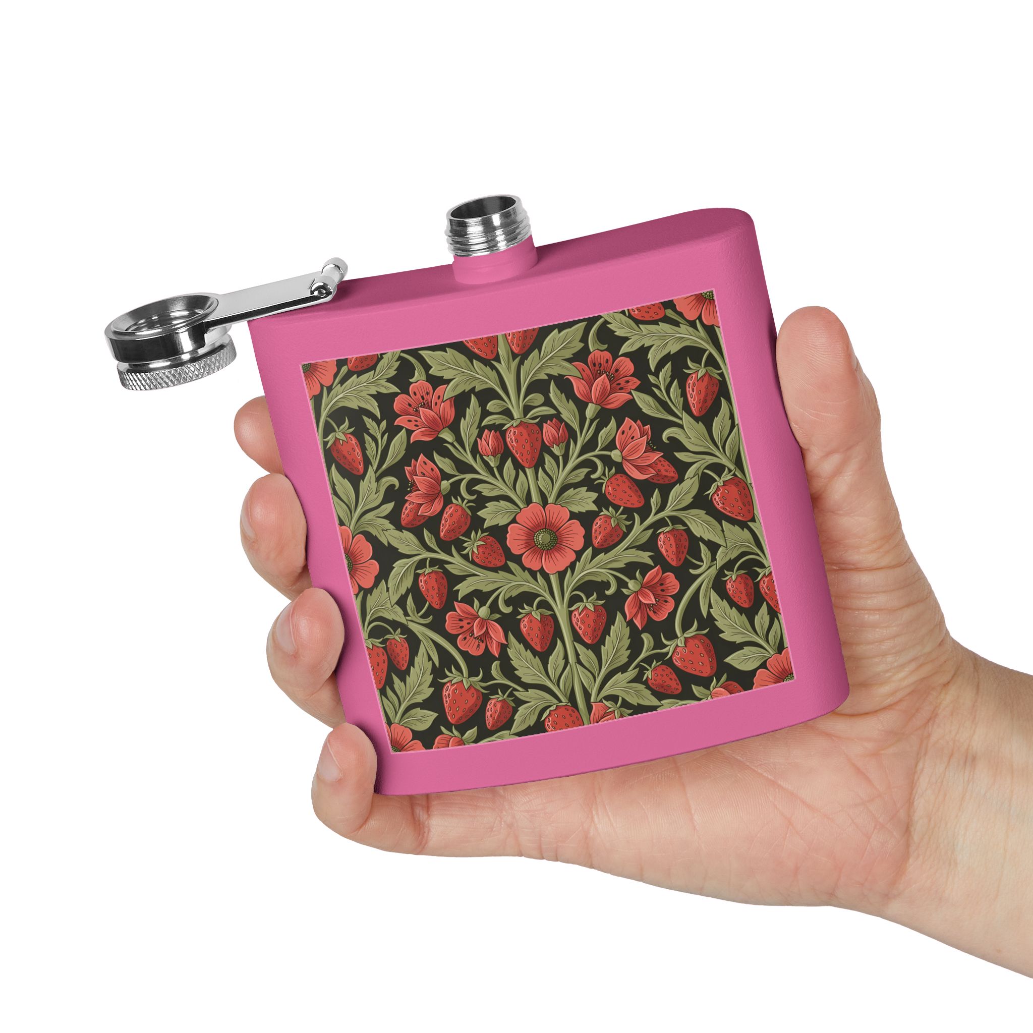 Vintage Floral Strawberry Pattern Flask — Matte Red Wild Strawberry & Sage Stainless Steel Pocket Flask 6oz - Image 10