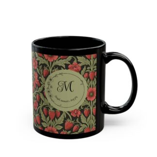 floral monogram black mug — personalized wild strawberry & sage pattern ceramic mug (11oz, 15oz)