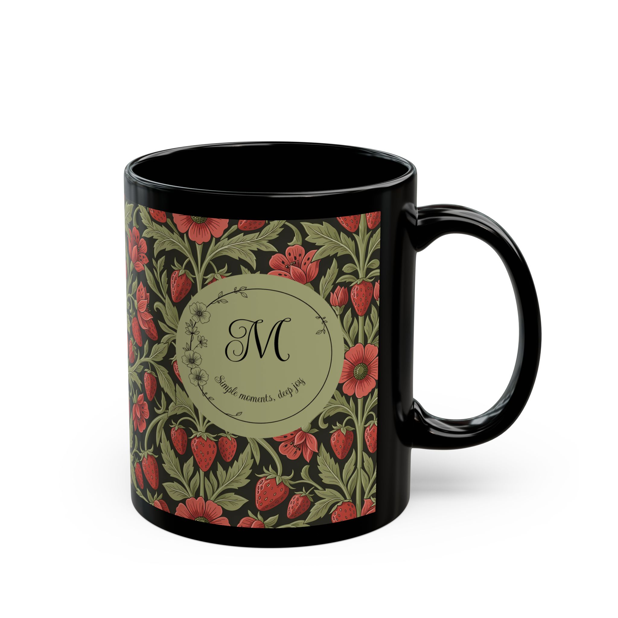 Floral Monogram Black Mug — Personalized Wild Strawberry & Sage Pattern Ceramic Mug (11oz, 15oz) - Image 2