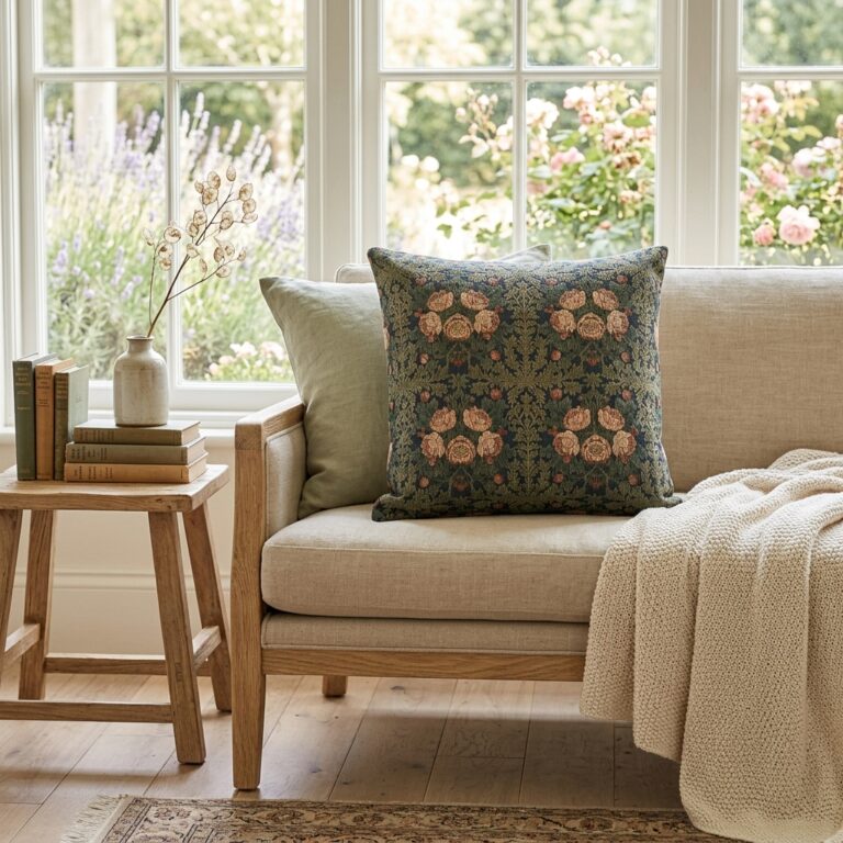 Midnight Peony Tapestry Pillow – An Arts & Crafts Statement Piece Woven Pillow
