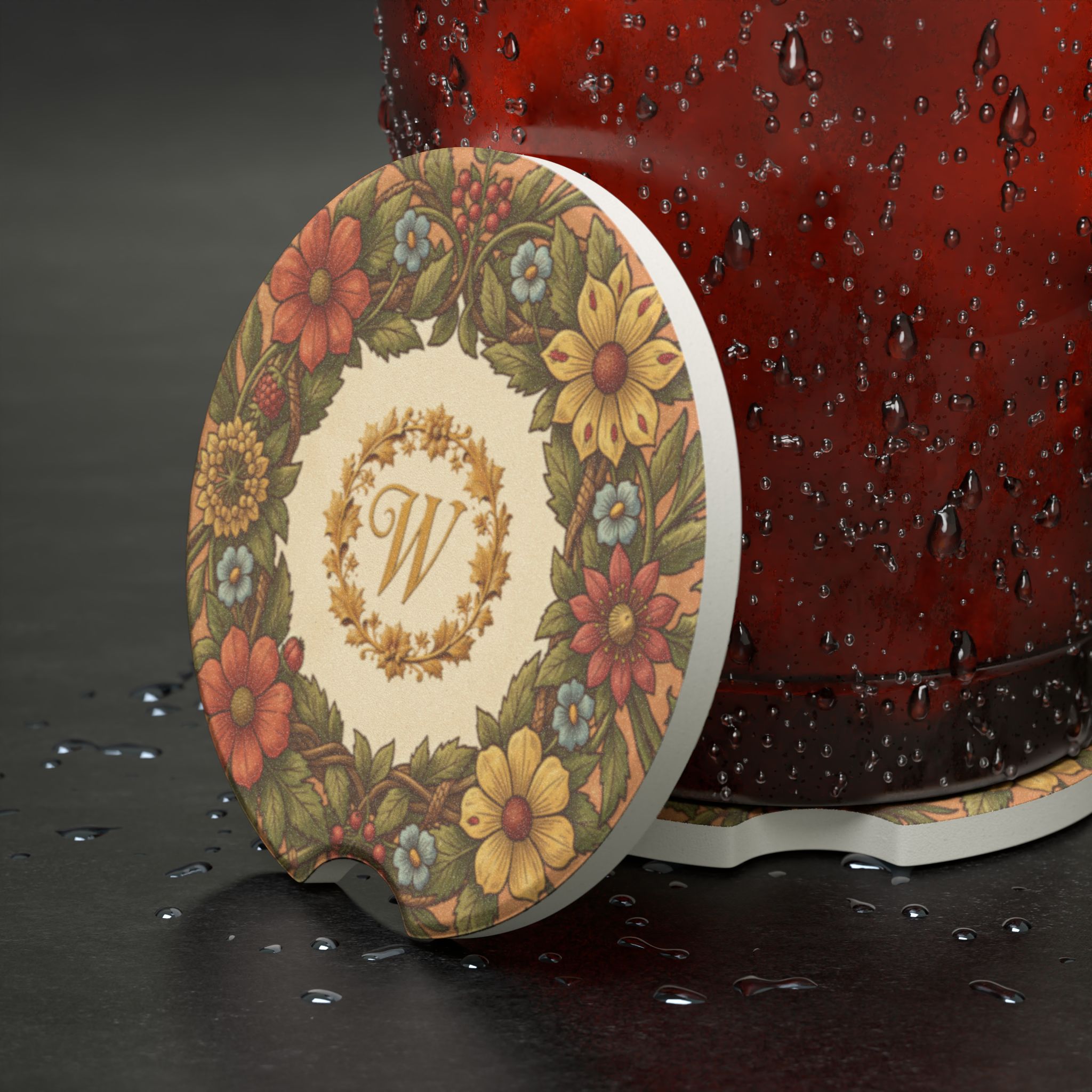 Woodcut Flora Personalised Car Coaster – Absorbent Soapstone Monogram Car Accessory - Image 6