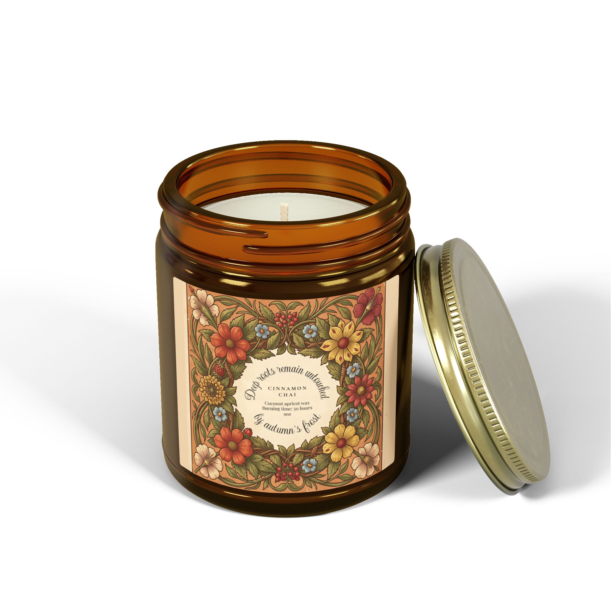 Woodcut Flora Amber Scented Candle Cinnamon Chai - Hand-Poured Coconut Apricot Wax Candle - Image 3