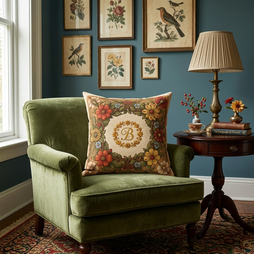 Woodcut Flora Wreath Floral Monogram Pillow - Custom Faux Suede Victorian Decorative Throw Cushion
