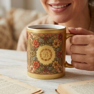 Personalised Botanical Monogram Mug – Woodcut Flora Wreath Gold Edition Coffee Cup