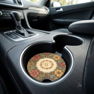 Woodcut Flora Personalised Car Coaster – Absorbent Soapstone Monogram Car Accessory