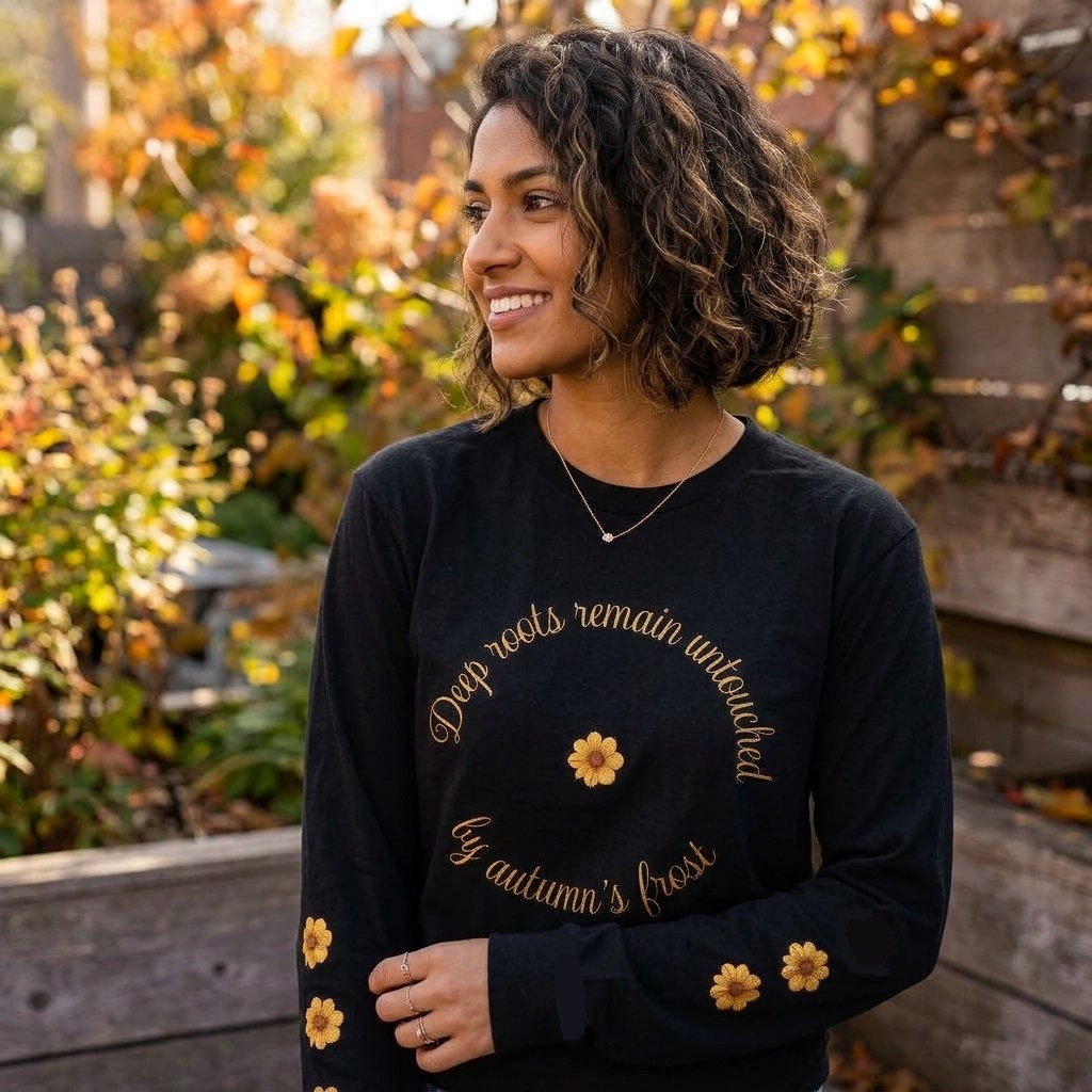 Garden-Inspired Deep Roots Golden Quote Print Heavyweight Long Sleeve T-Shirt