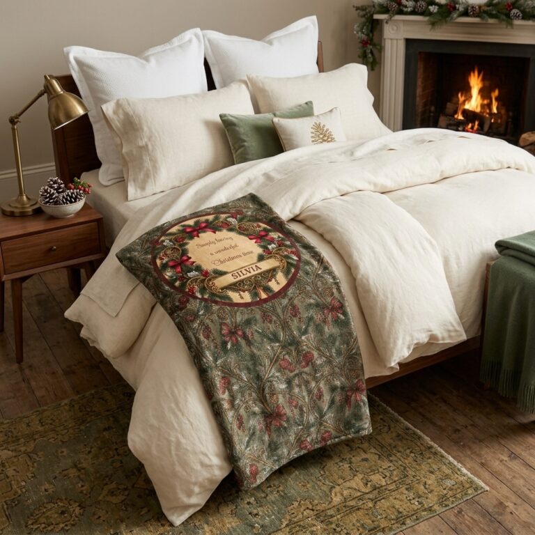Personalized Christmas Velveteen Plush Blanket – The Art Nouveau Pine & Filigree Custom Holiday Design